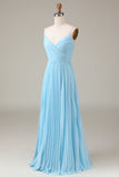 Sky Blue Spaghetti Straps V-neck A-line Pleated Chiffon Bridesmaid Dress