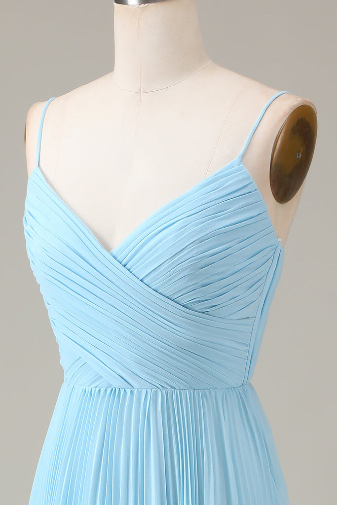 Full-length Spaghetti Strap Off Shoulder Chiffon Gown Sky Blue