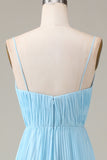 Sky Blue Spaghetti Straps V-neck A-line Pleated Chiffon Bridesmaid Dress