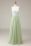 Dusty Sage Halter Neck Lace and Chiffon A-line Floor Length Bridesmaid Dress