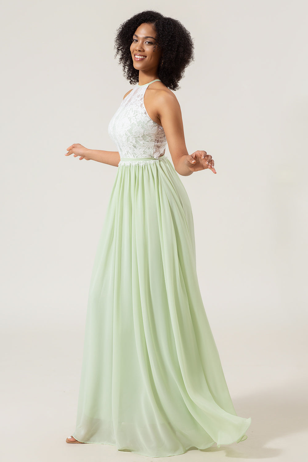 A-Line Halter Neck Dusty Sage Lace and Chiffon Long Bridesmaid Dress