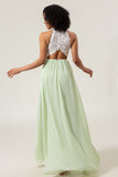 A-Line Halter Neck Dusty Sage Lace and Chiffon Long Bridesmaid Dress