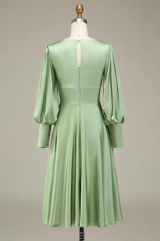 Matcha A-Line V-Neck Satin Bridesmaid Dress With Long Sleeves
