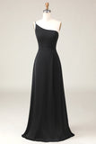 Black A-line Chiffon One Shoulder Floor Length Bridesmaid Dress