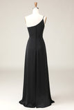 Black A-line Chiffon One Shoulder Floor Length Bridesmaid Dress
