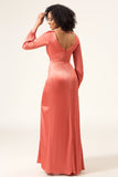 Terracotta A-Line V-Neck Satin Bridesmaid Dress With Slit