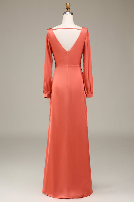 A-Line V-Neck Terracotta Satin Bridesmaid Dress With Slit