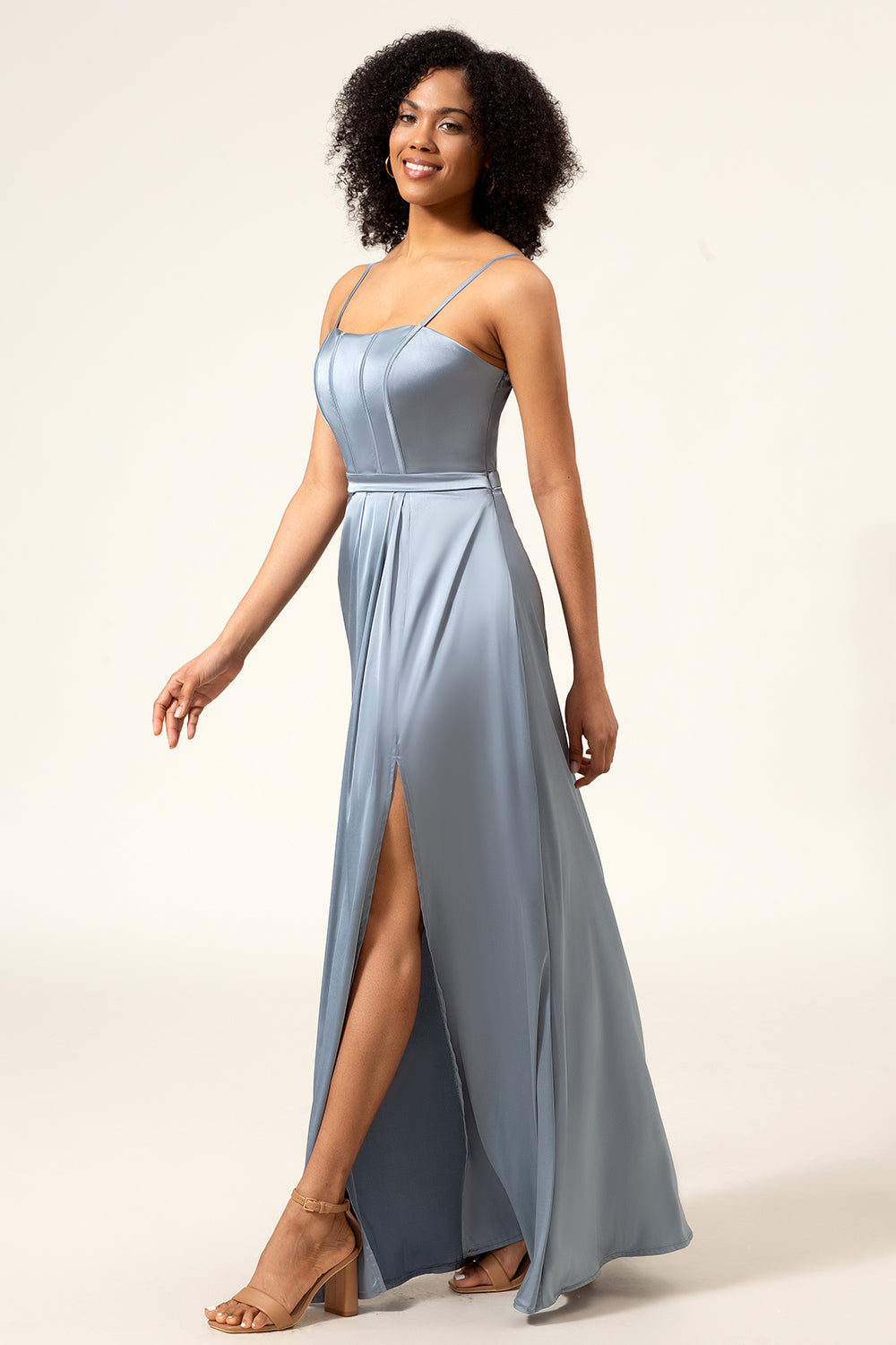 Zapakasa Women Dusty Blue A-Line Spaghetti Straps Satin Long Bridesmaid