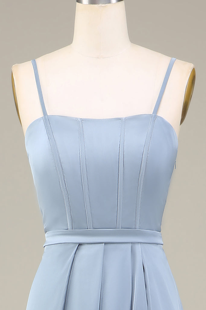 Dusty Blue A-Line Spaghetti Straps Pleated Chiffon Long Bridesmaid Dress