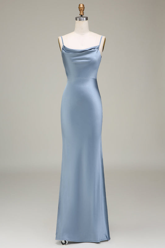 Dusty Blue Sheath Spaghetti Straps Satin Long Bridesmaid Dress