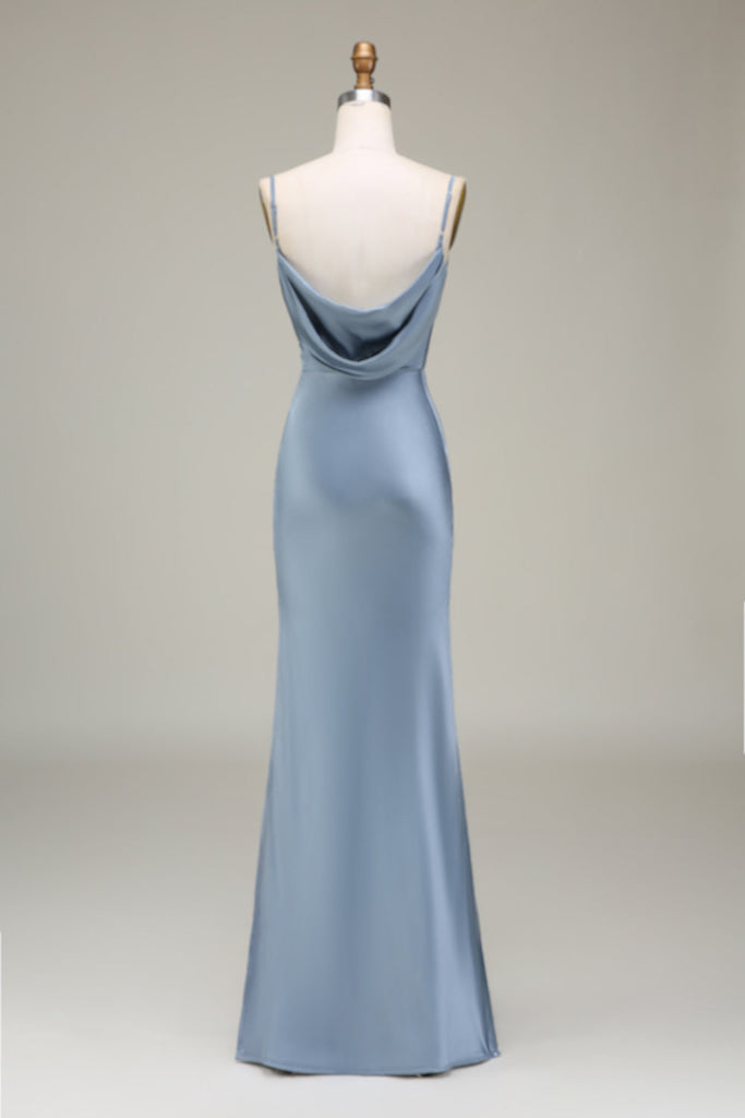 Cross Pleated Bodice Spaghetti Straps Satin Dresses Dusty Blue