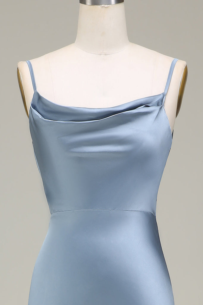 Elegant Blue Spaghetti Straps Satin Beaded Sheath Homecoming Dress Mini Birthday Outfits cc3392 main image 0