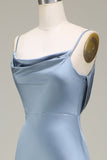 Dusty Blue Sheath Spaghetti Straps Satin Long Bridesmaid Dress