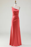 Terracotta Sheath One Shoulder Floor-Length Pleated Satin Bridesmaid Dress