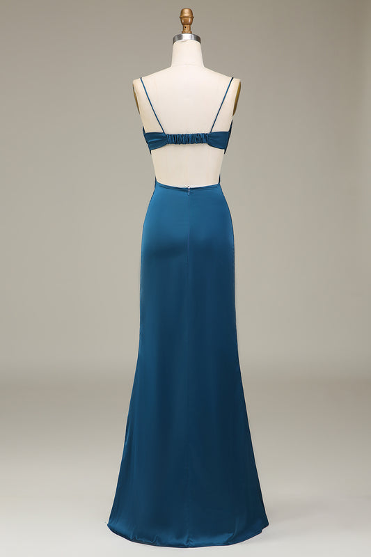 Peacock Sheath Spaghetti Straps Long Satin Bridesmaid Dress