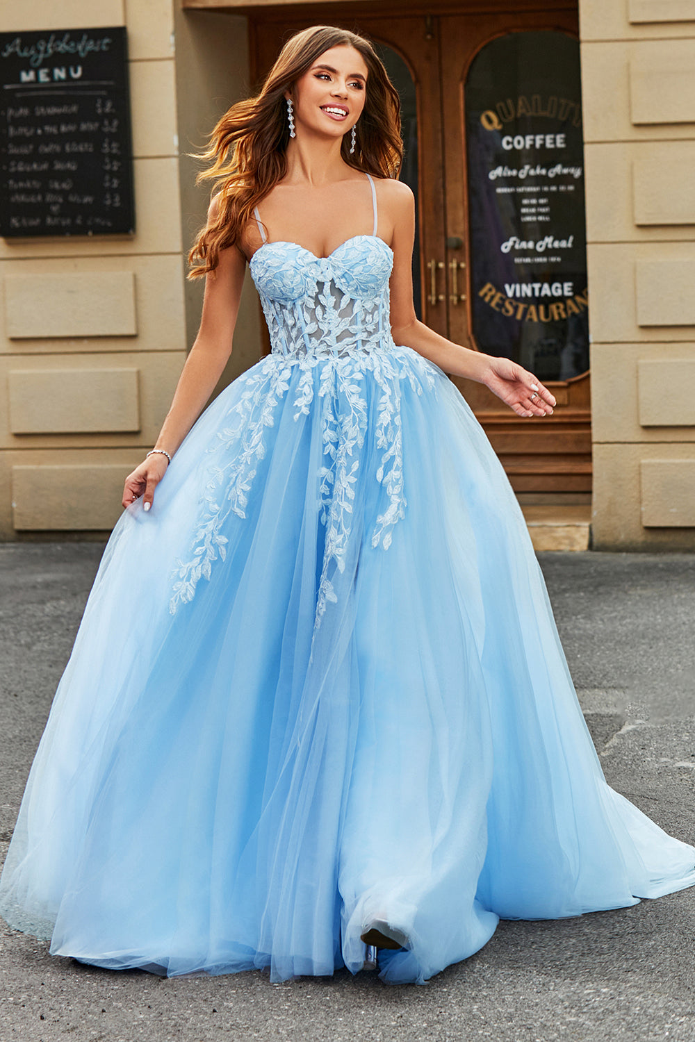 Zapakasa Women Sky Blue Prom Dress with Appliques Tulle A-Line Spaghetti Straps Party Dress Zapakasa Women Sky Blue Prom Dress with Appliques Tulle A-Line Spaghetti Straps Party Dress