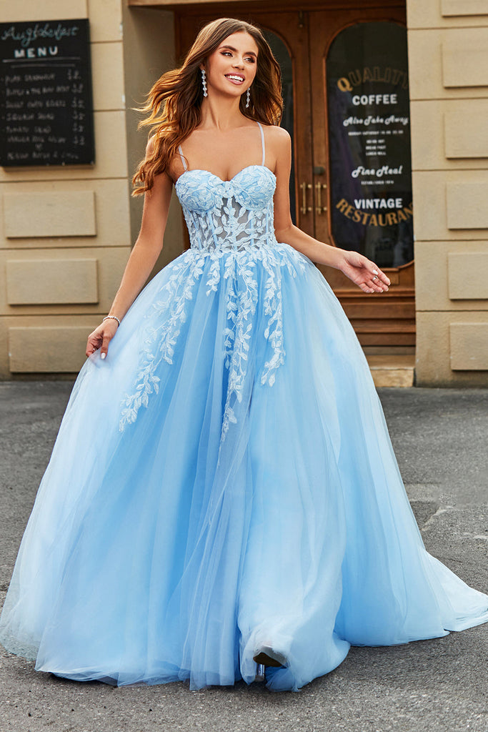 Zapakasa Women Sky Blue Prom Dress with Appliques Tulle A-Line