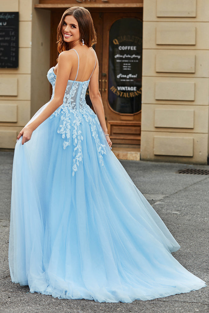 Zapakasa Women Sky Blue Prom Dress with Appliques Tulle A-Line