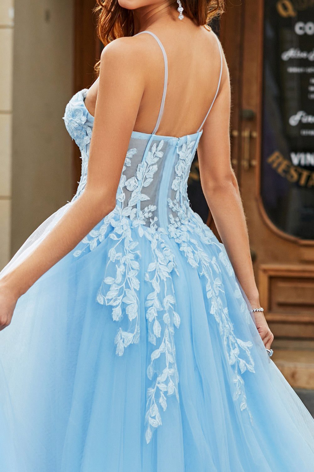 Zapakasa Women Sky Blue Prom Dress with Appliques Tulle A-Line Spaghetti Straps Party Dress Zapakasa Women Sky Blue Prom Dress with Appliques Tulle A-Line Spaghetti Straps Party Dress