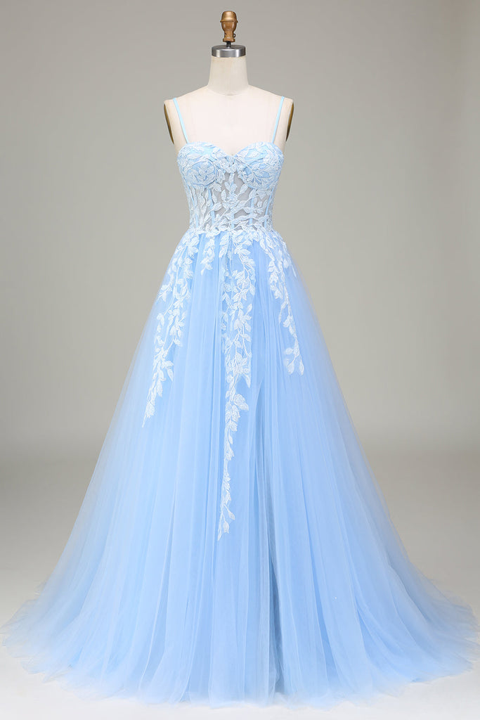 Zapakasa Women Sky Blue Prom Dress with Appliques Tulle A-Line