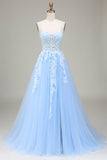 Tulle A-Line Spaghetti Straps Sky Blue Prom Dress with Appliques