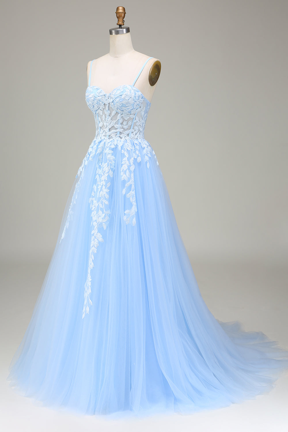 Zapakasa Women Sky Blue Prom Dress with Appliques Tulle A-Line Spaghetti Straps Party Dress Zapakasa Women Sky Blue Prom Dress with Appliques Tulle A-Line Spaghetti Straps Party Dress