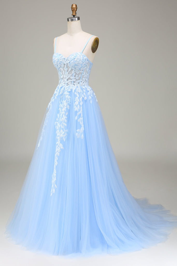 Sky Blue Prom Dresses Elegant Spaghetti Straps A-line Lace Appliques Tulle Prom Dress
