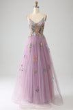 Mauve A-Line Spaghetti Straps Tulle Long Prom Dress With Embroidery