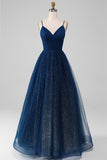 Navy Ball-Gown V-Neck Long Beaded Tulle Prom Dresses With Pleated