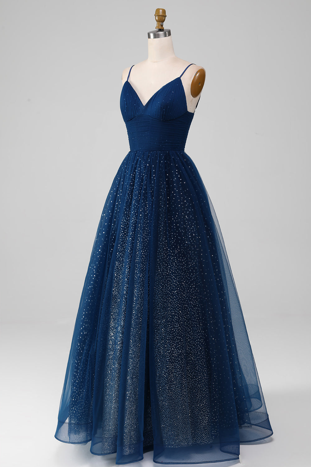 Zapakasa Women Navy Ball-Gown V-Neck Long Beaded Tulle Prom Dresses With Pleated Zapakasa Women Navy Ball-Gown V-Neck Long Beaded Tulle Prom Dresses With Pleated