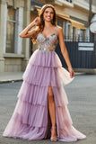 A-Line Tulle Long Corset Tiered Mauve Prom Dress With Appliques