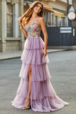 A-Line Tulle Long Corset Tiered Mauve Prom Dress With Appliques