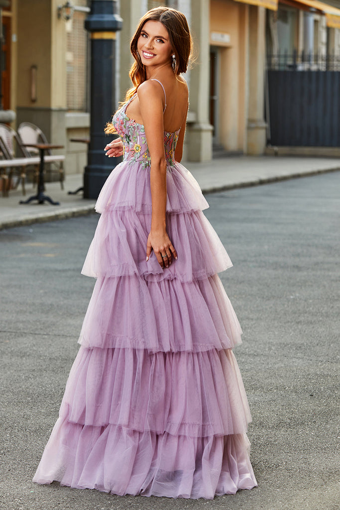 Mauve A-Line Corset Tiered Long Ball Dress With Appliques main image 0