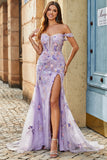 Mauve Off The Shoulder Split Front Long Mermaid Prom Dress With Appliques