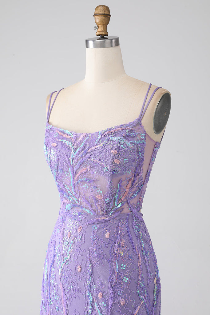 Zapakasa Women Lilac Sequins Prom Dress with Slit Mermaid Lace-Up Back ...