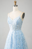 Sky Blue A-Line Spaghetti Straps Lace Long Corset Prom Dress