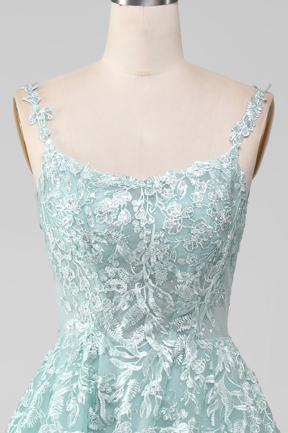 Glitter Mint A-Line Tulle Long Prom Dress with Lace