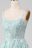Glitter Mint A-Line Tulle Long Prom Dress with Lace