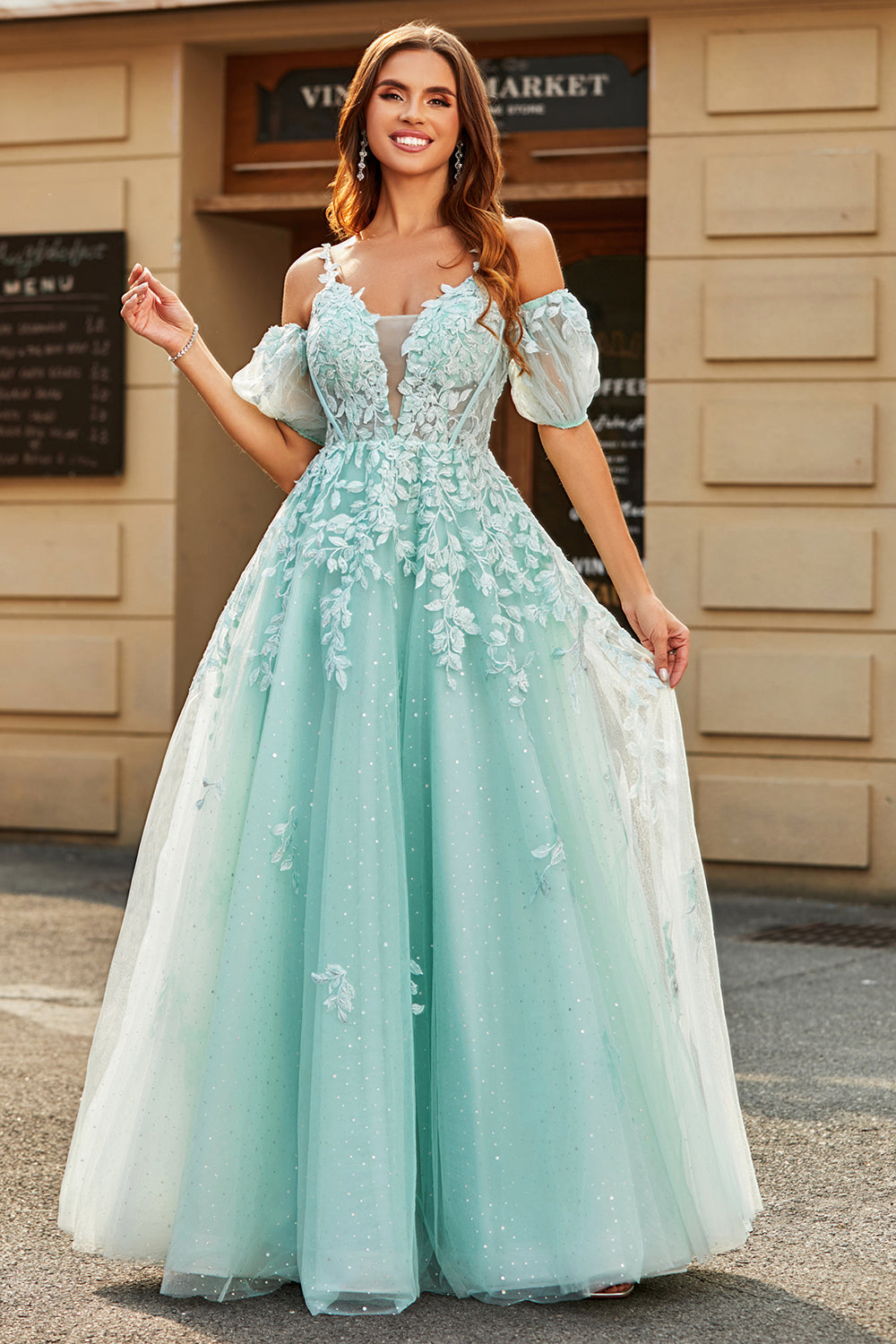 Zapakasa Women Mint Long Tulle Prom Dress Ball-Gown Off The Shoulder Beaded Evening Dresses With Appliques Zapakasa Women Mint Long Tulle Prom Dress Ball-Gown Off The Shoulder Beaded Evening Dresses With Appliques