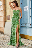 Olive Mermaid Floral Print Spaghetti Straps Long Prom Dress With Slit
