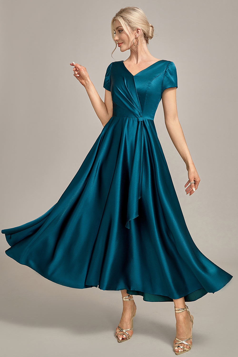 Zapakasa Women Peacock Green Satin V-neck A-line Pleated Mother of the Bride Dress Zapakasa Women Peacock Green Satin V-neck A-line Pleated Mother of the Bride Dress