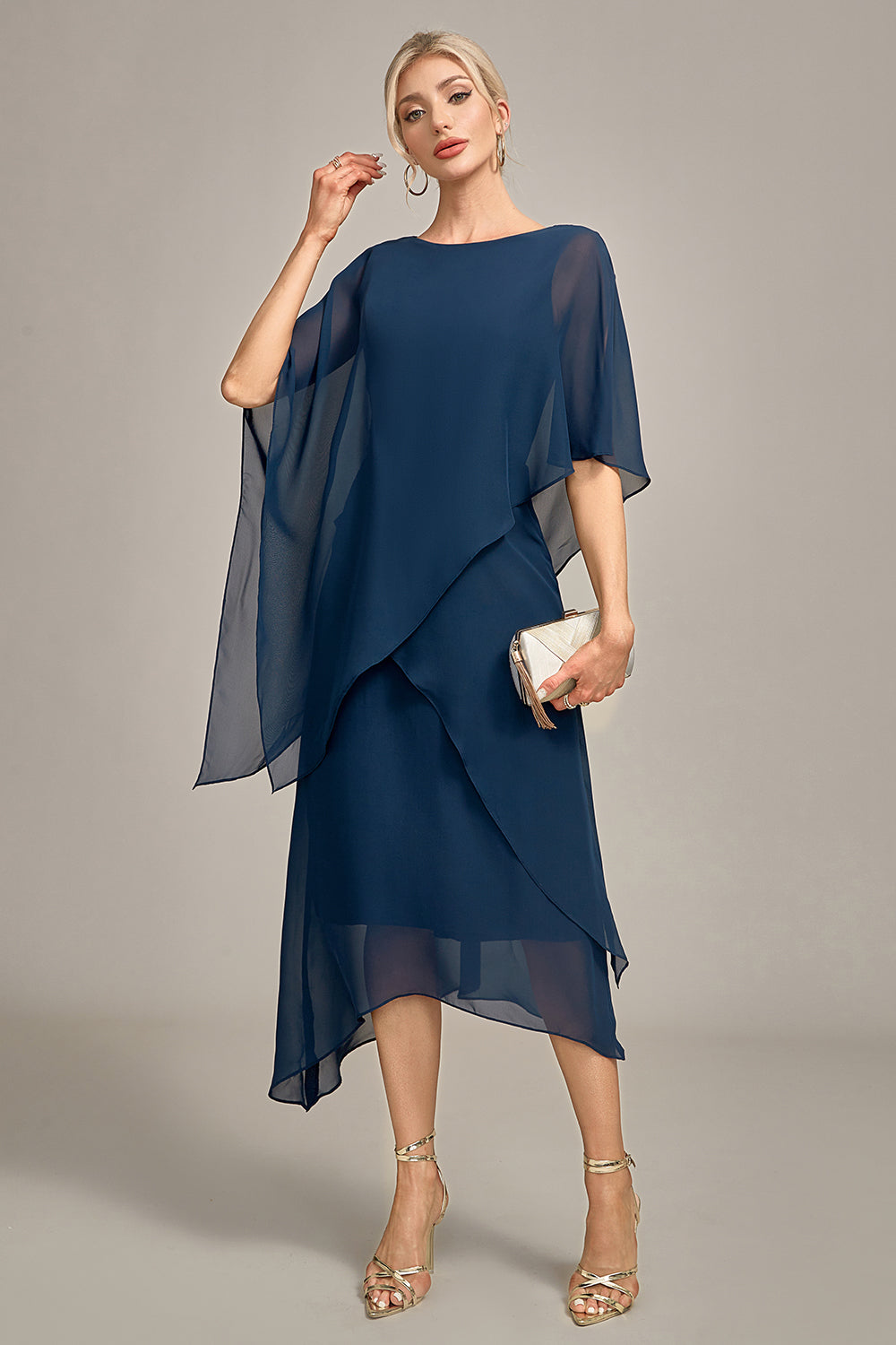 Zapakasa Women Navy Chiffon A-line Scoop Neck Chiffon Mother of the