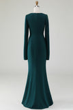 Dark Green Mermaid Round Neck Gown With Beaded Cape Sleeves