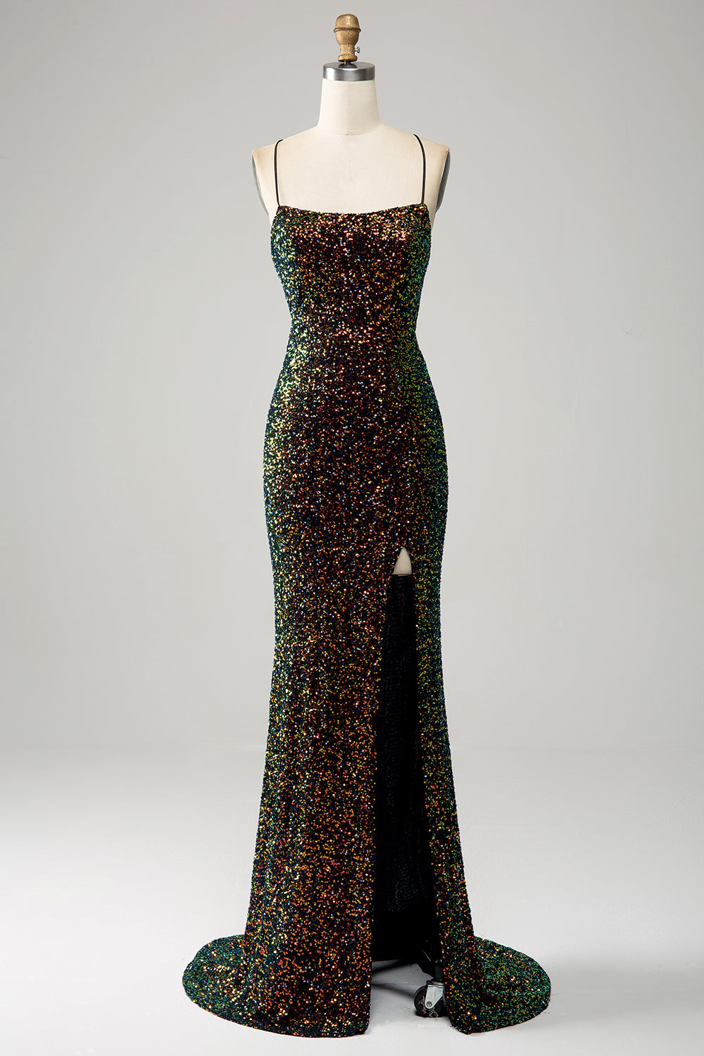 Glitter Black Spaghetti Straps Sequins Mermaid Prom Dress with Slit