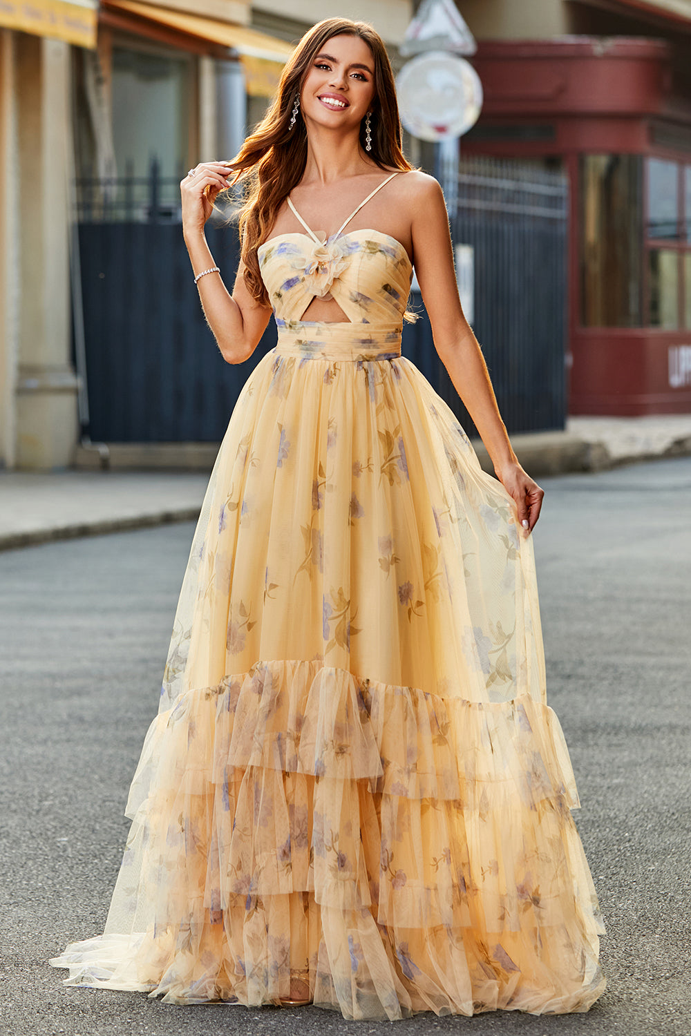 Yellow A-Line Halter Pleated Tulle Tiered Long Prom Dress With Embroidery