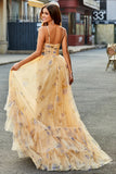 Yellow A-Line Halter Pleated Tulle Tiered Long Prom Dress With Embroidery