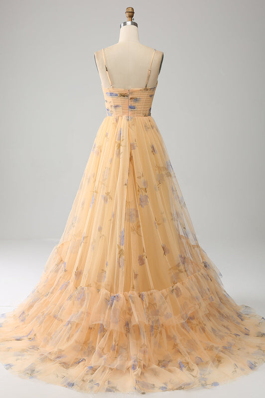 Yellow A-Line Halter Pleated Tulle Tiered Prom Dress With Embroidery