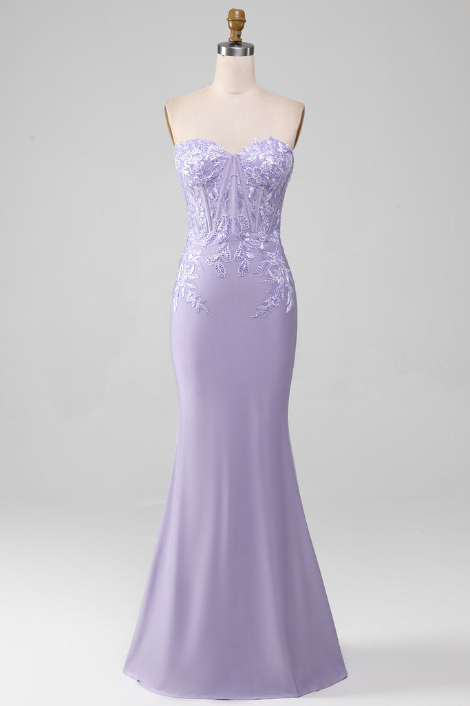 Classy Sheath Strapless Long Sleeves Lilac Long Satin Party Dress Prom Dresses Evening Dress C3276