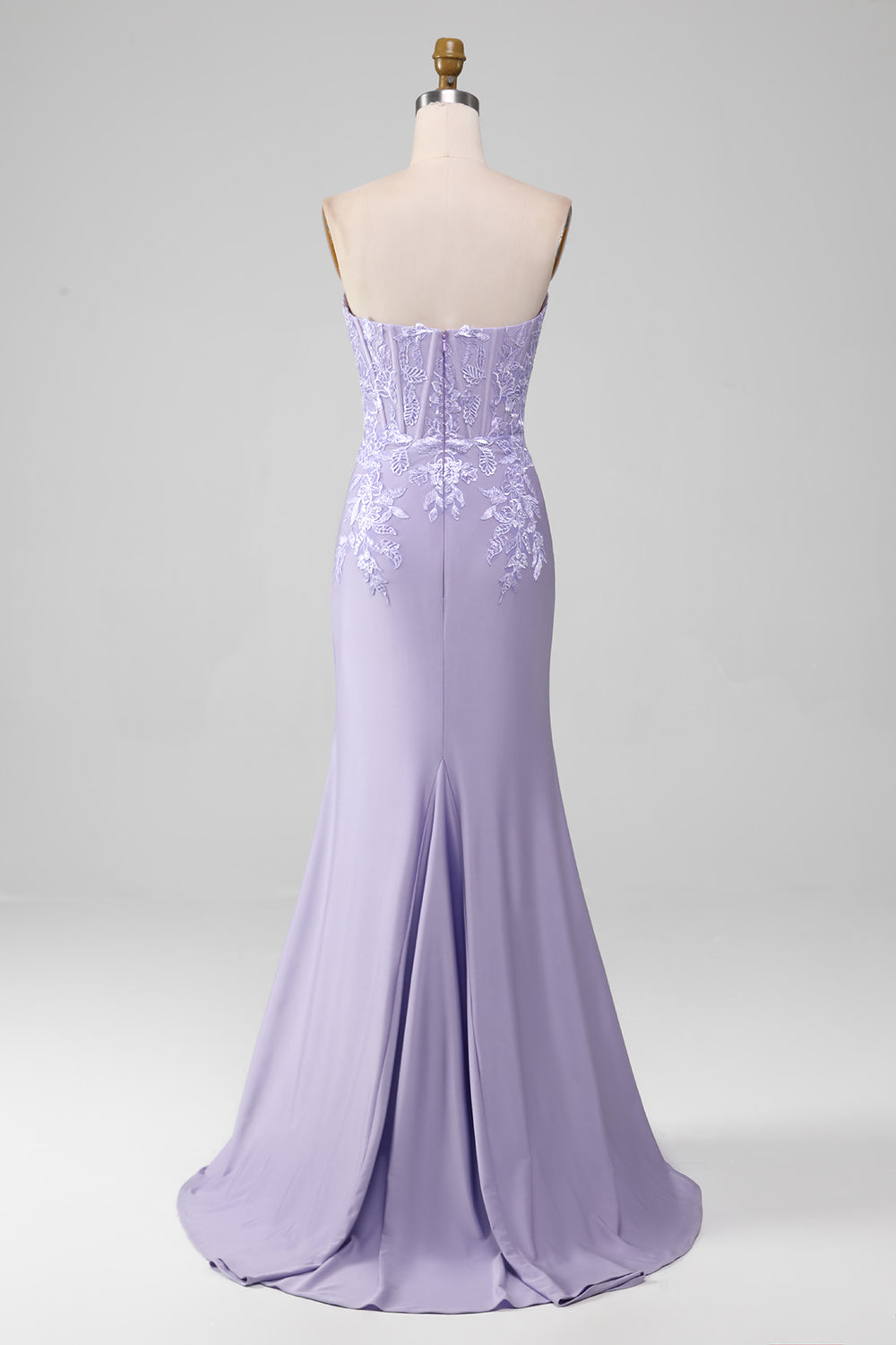 Lilac Sheath Strapless Corset Prom Dresses With Lace Appliques