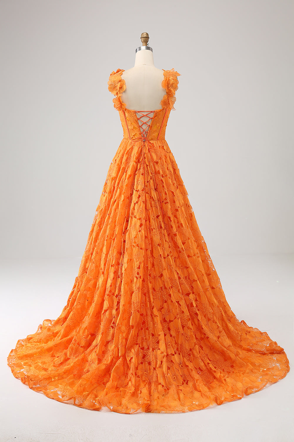 Orange A-Line Floral Lace Long Prom Dress